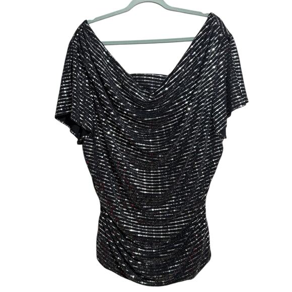Avenue black & silver shiny sparkle flutter sleeve blouse with rouching 18/20 2X - Picture 2 of 8
